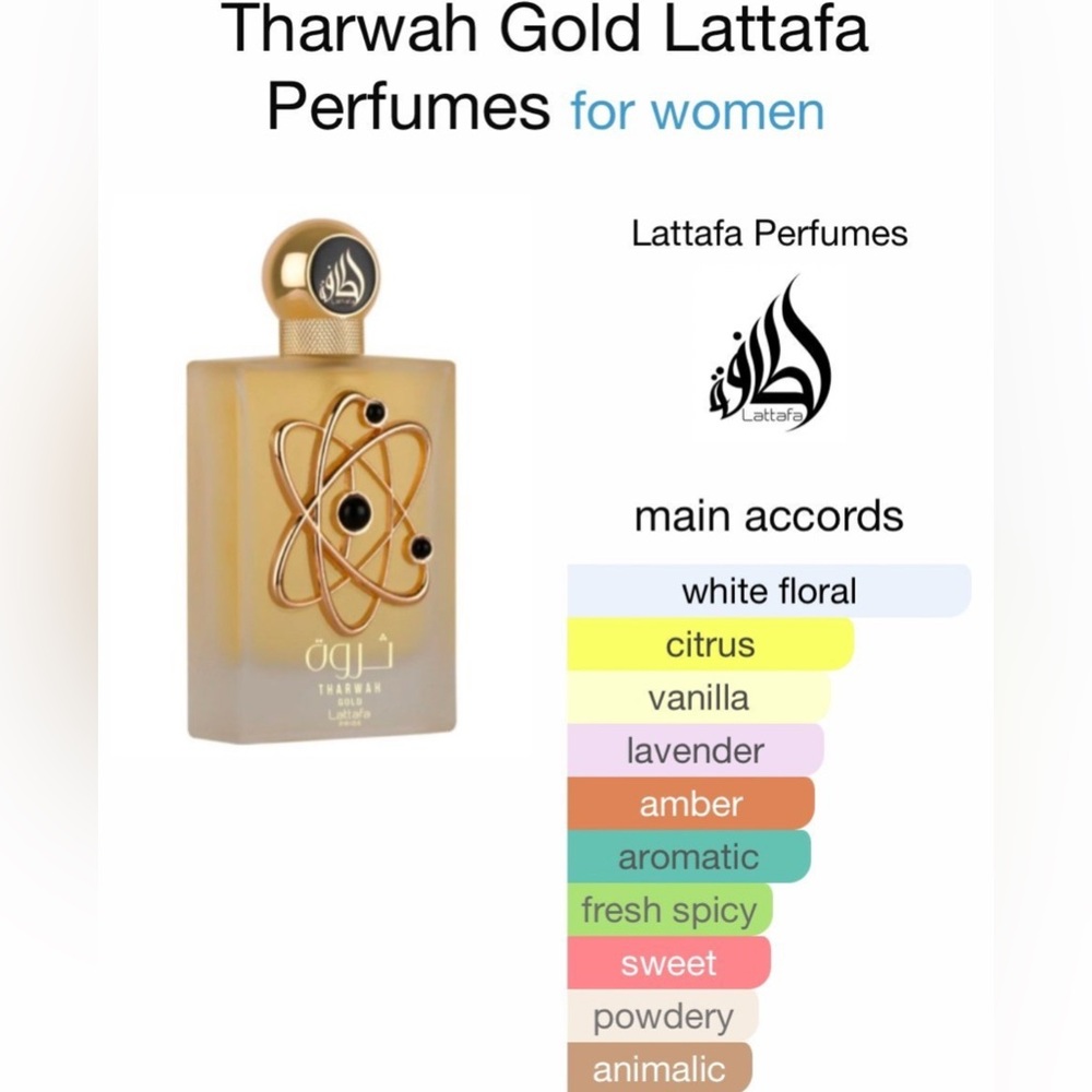 Lattafa Perfumes Tharwah Gold for Unisex Eau de Parfum Spray, 3.4 Ounce 100ml - Picture 4 of 5